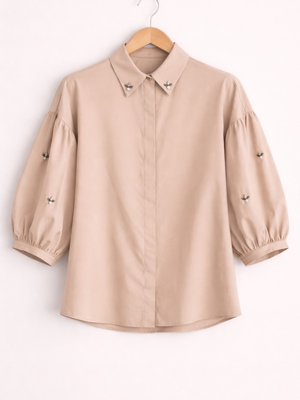 Zara Beige Puff-Sleeve Button-Down Shirt with Embellished Collar
